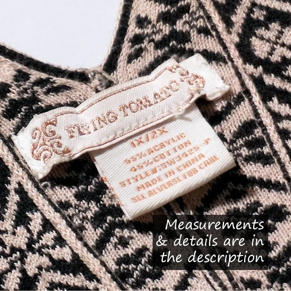 Flying Tomato Boho Chic XL 1X 2X‎ 3X Paisley Knit Poncho Sweater Beige Black